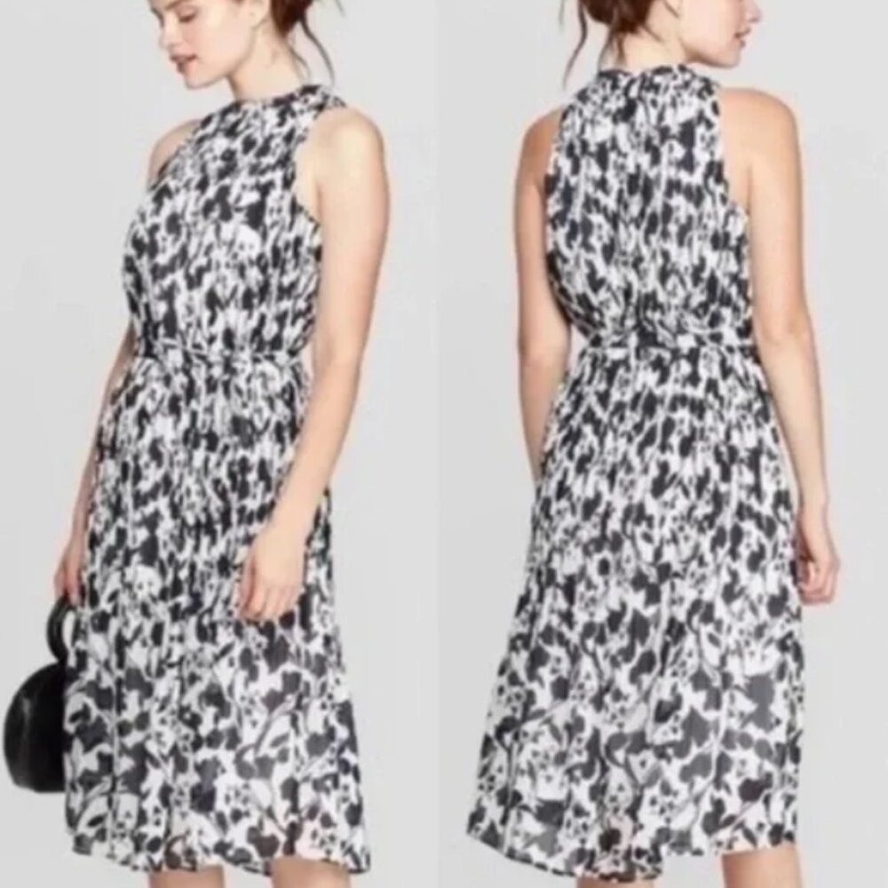 A New Day White Navy Floral Pleated Sleeveless Belted Dress‎ NWT XL!